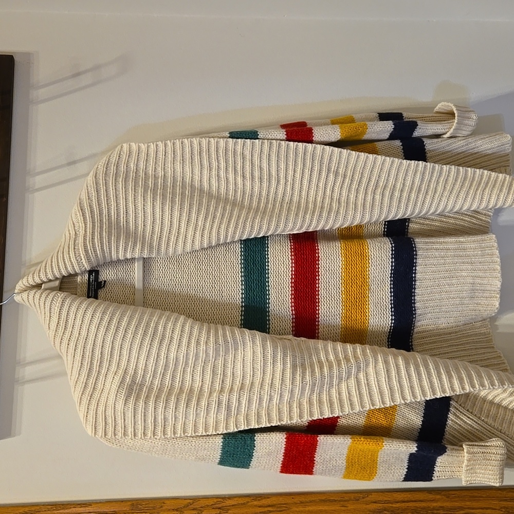 HBC Stripes The Bay Open Shawl Collar Knit Cardigan  Lambswool Cashmere Blend M